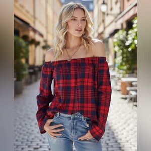 NEW•L-XL•Creme De La Creme Candy Apple Plaid Off The Shoulder Top